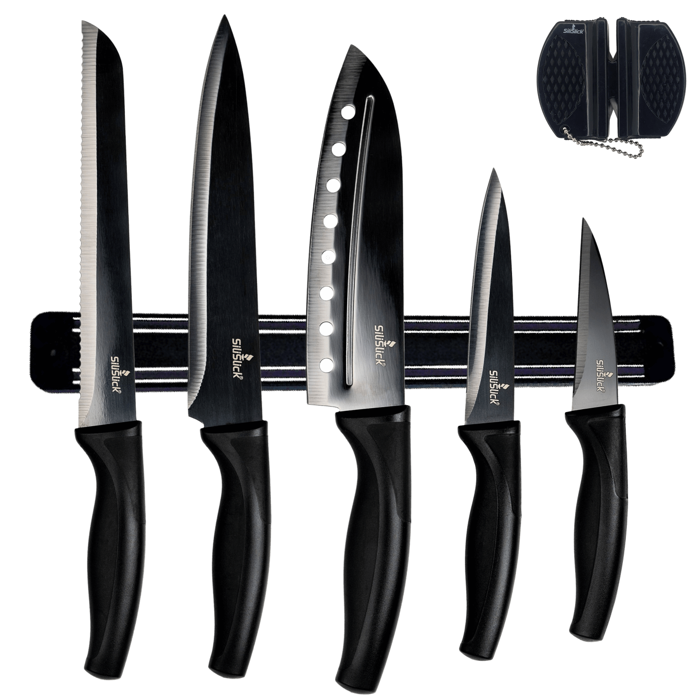 Kitchen Knife Set Kit | Black Magnetic Rack & Sharpener
